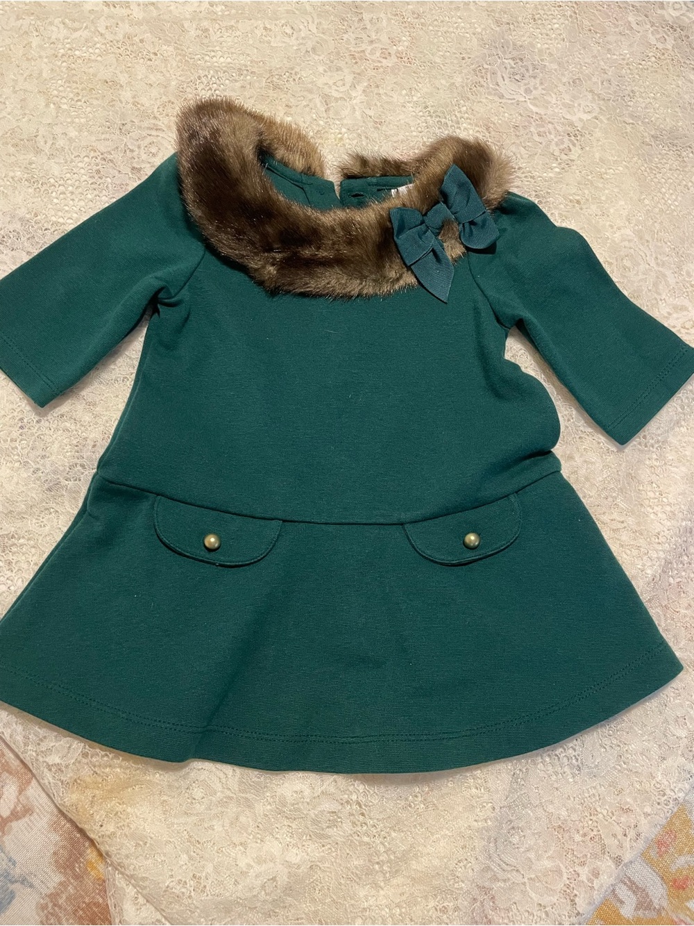 Janie and Jack Green Dress with Faux Fur Collar and Bow Accent